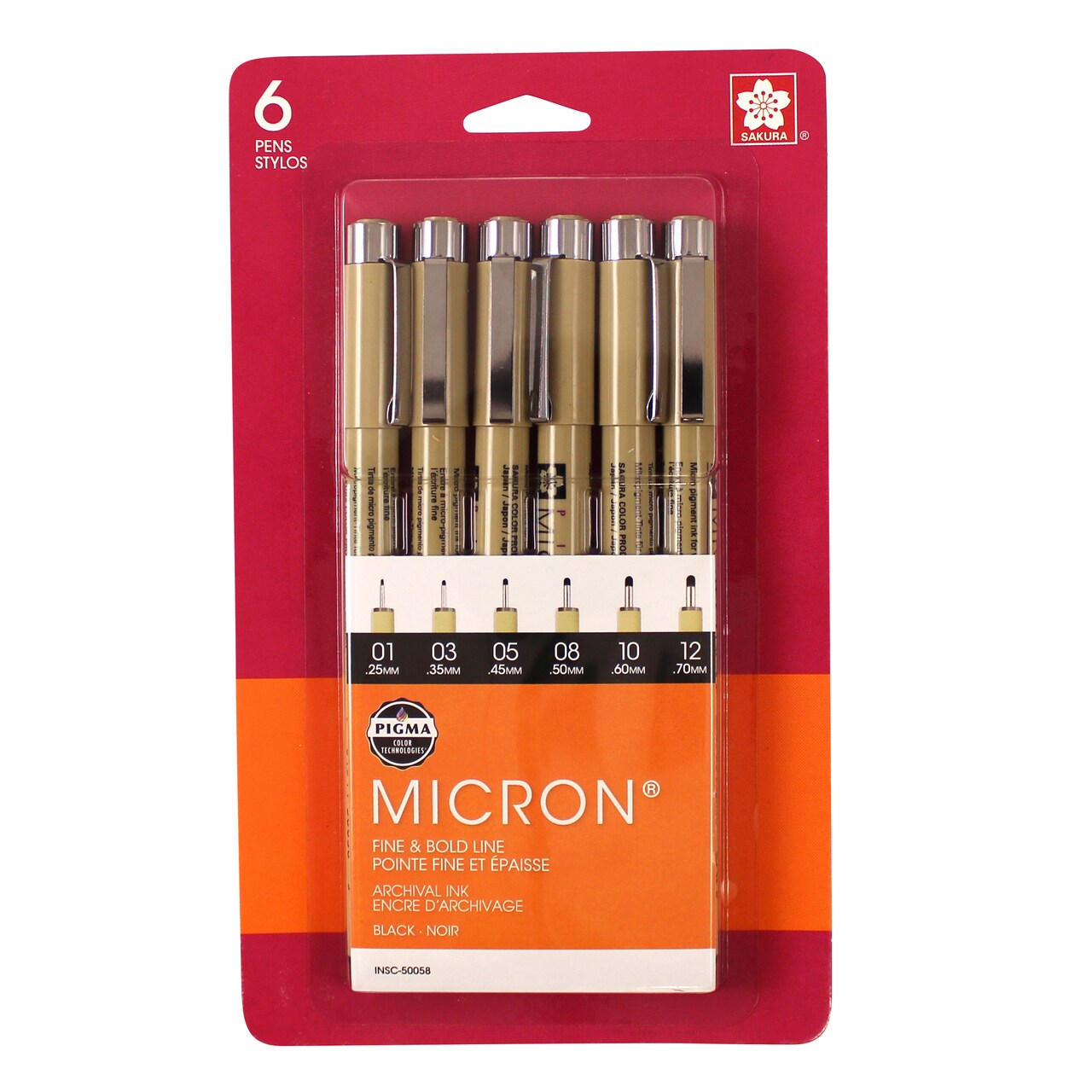 Sakura Pigma Micron Pen Set, Black, 6-Pens (01, 03, 05, 08, 10 & 12)